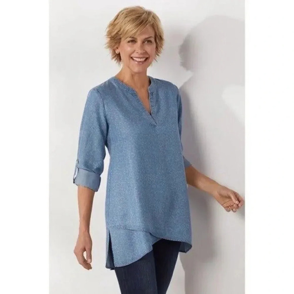Soft Surroundings Light Blue Leopard Timeless Crossover Long Sleeve Tunic Top S - Picture 1 of 4